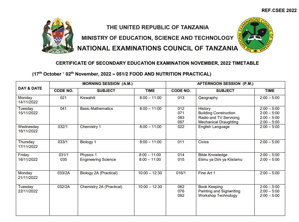 Necta Form Four Examination Timetable 2022